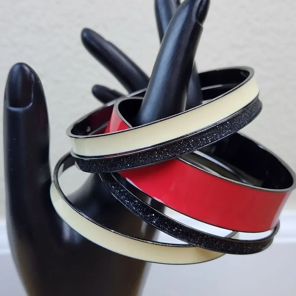 💜Red, Cream, & Sparkly Black 5-Piece Bangle Bracelet Set - Picture 2 of 8